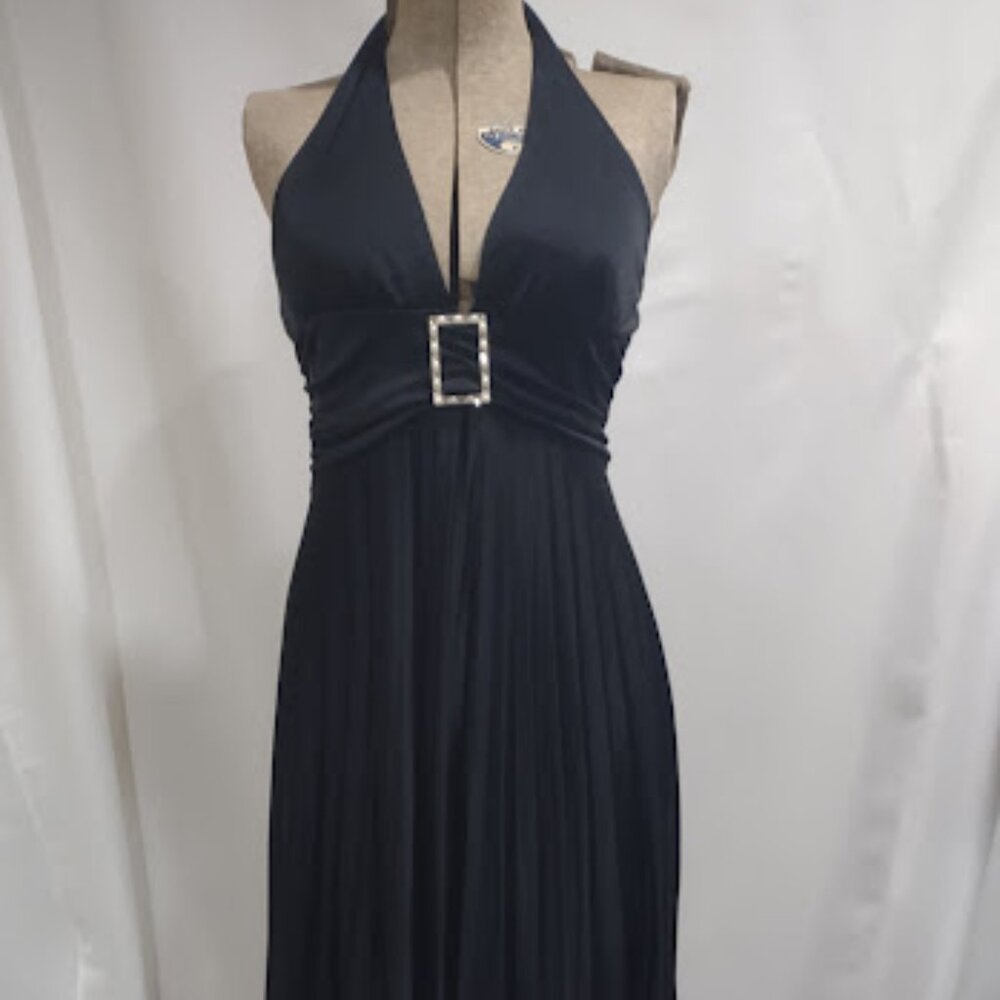 SPEECHLESS Y2K BLACK HALTER DRESS GOLD & PEARL BUCKLE GATHERED  FIT & FLAIR M